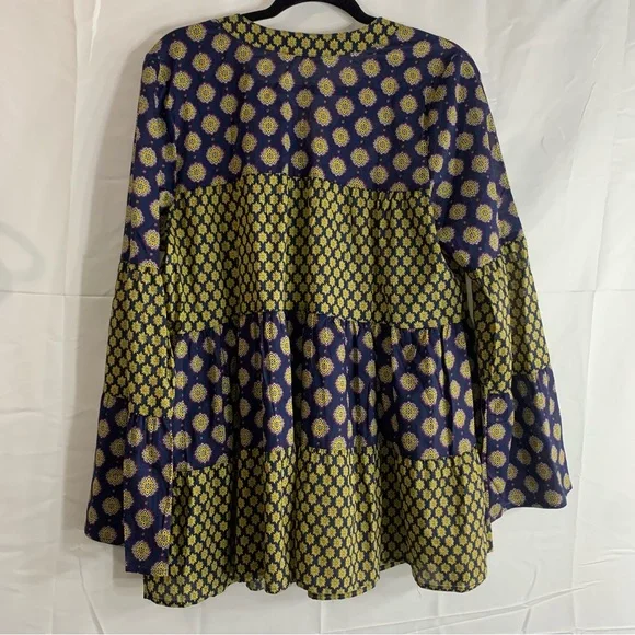Earthbound Trading Co. Mixed Print Boho Tiered Cotton Navy Peasant Tunic, size M - Picture 11 of 12